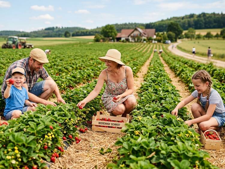 Erdbeeren pflücken Familie